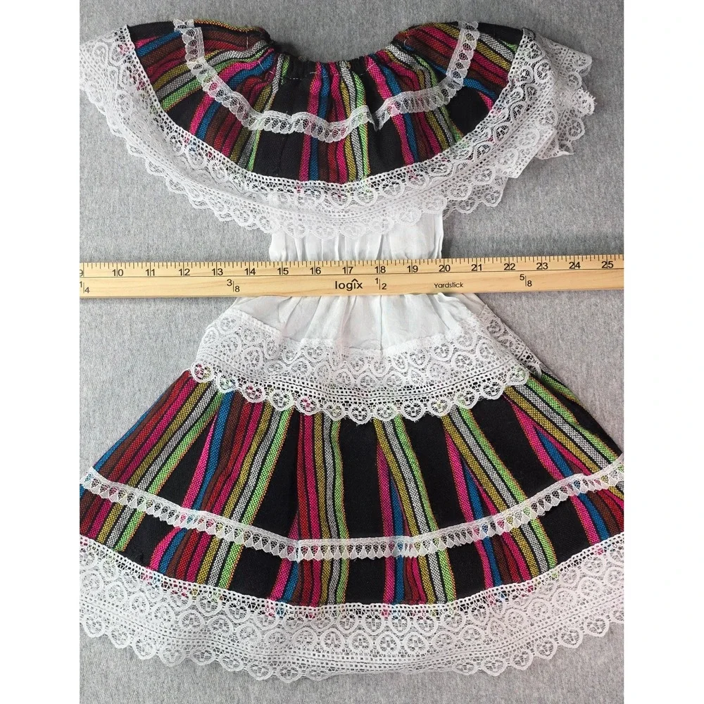 Girls Mexican Folklorico Dress Multi Color Striped Lace Trim Off Shoulder Black